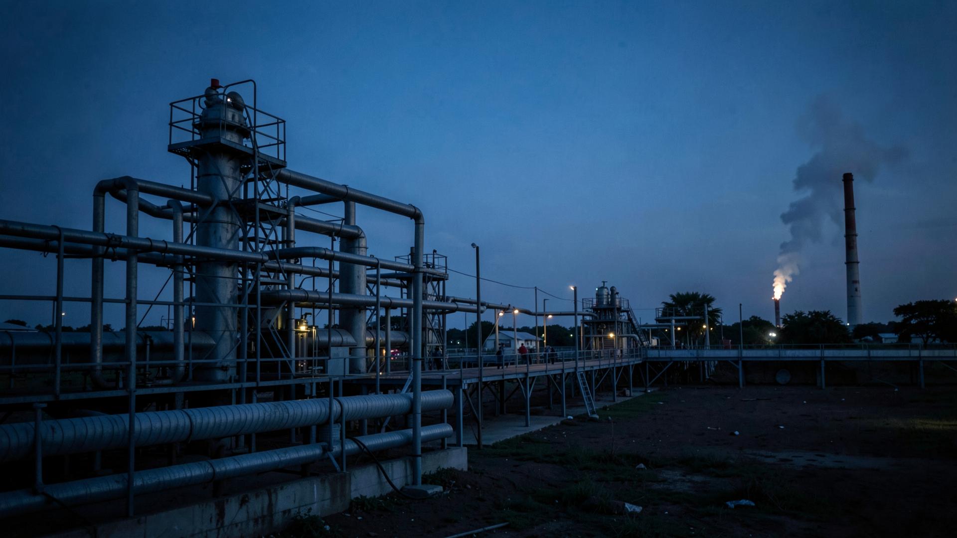 Onshore gas processing facility at dusk